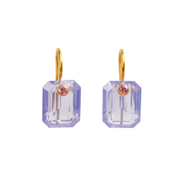 ラベンダークォーツ & ピンクサファイア "エメラルドカット・ジェム" ピアス LAVENDER QUARTZ & PINK SAPPHIRE